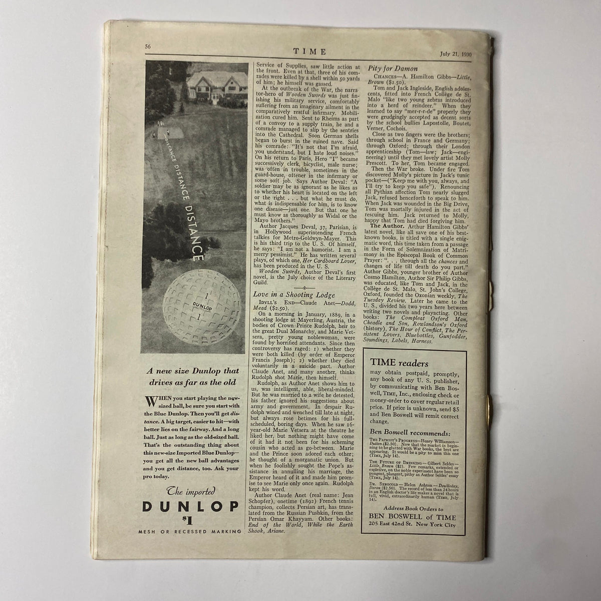 Interior page of Time Magazine July 21, 1930, Vol. 16 No. 3, showing an article layout and print, emphasizing the vintage magazine style.