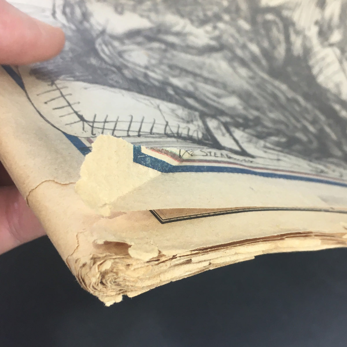 Detailed image showing the worn corners of the September 27, 1973 Vintage Rolling Stone Magazine featuring Dr. Hunter S. Thompson, emphasizing its vintage condition.