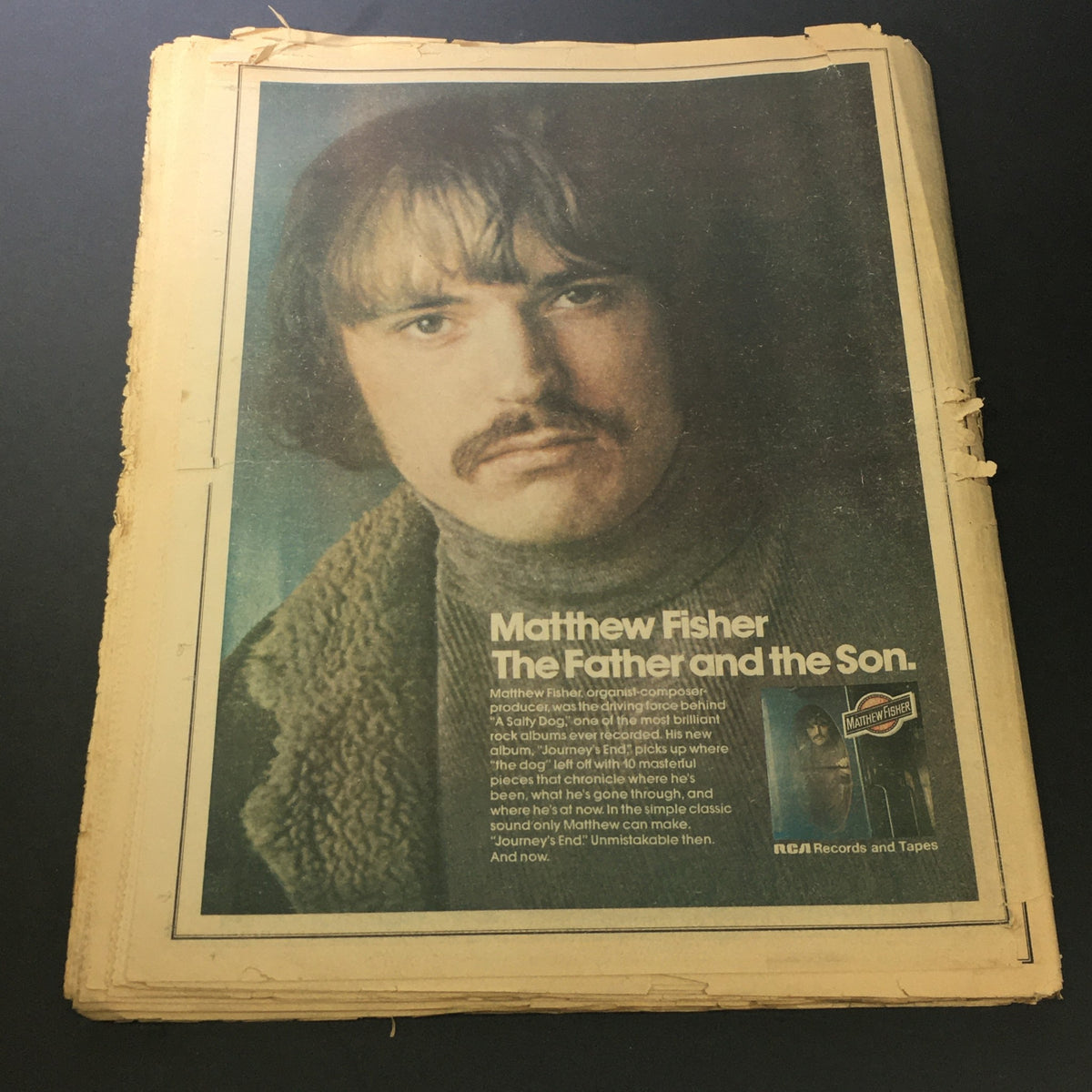 Back cover of the September 27, 1973 Vintage Rolling Stone Magazine showcasing an advertisement for Matthew Fisher, reflecting the magazine's historical context.