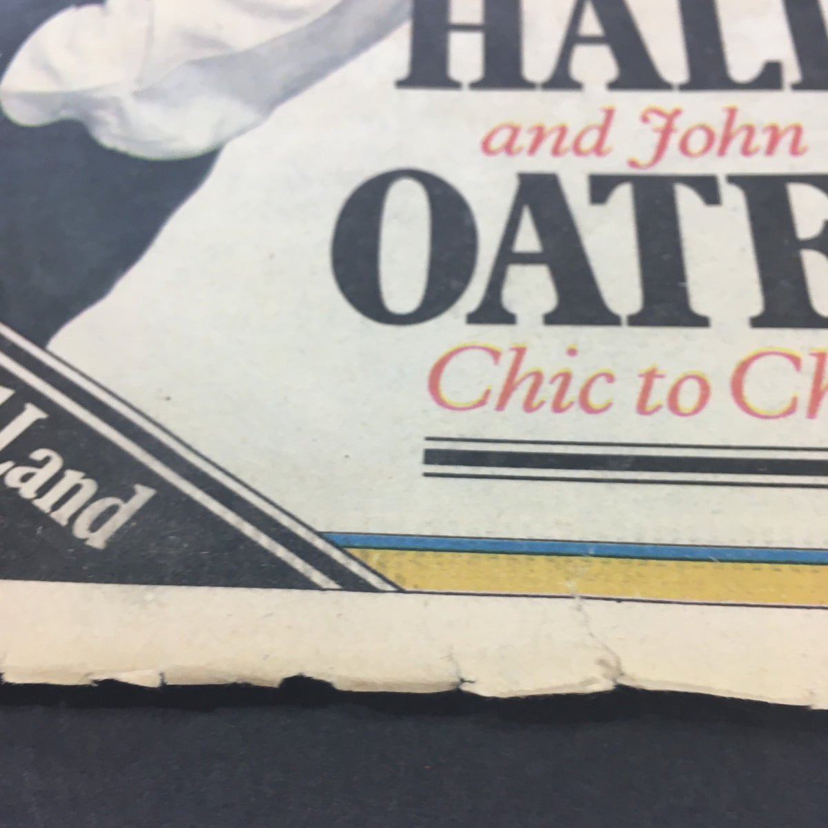 Detailed view of Daryl Hall and John Oates name on the Rolling Stone magazine cover from April 21, 1977, highlighting 'Chic to Chic'.