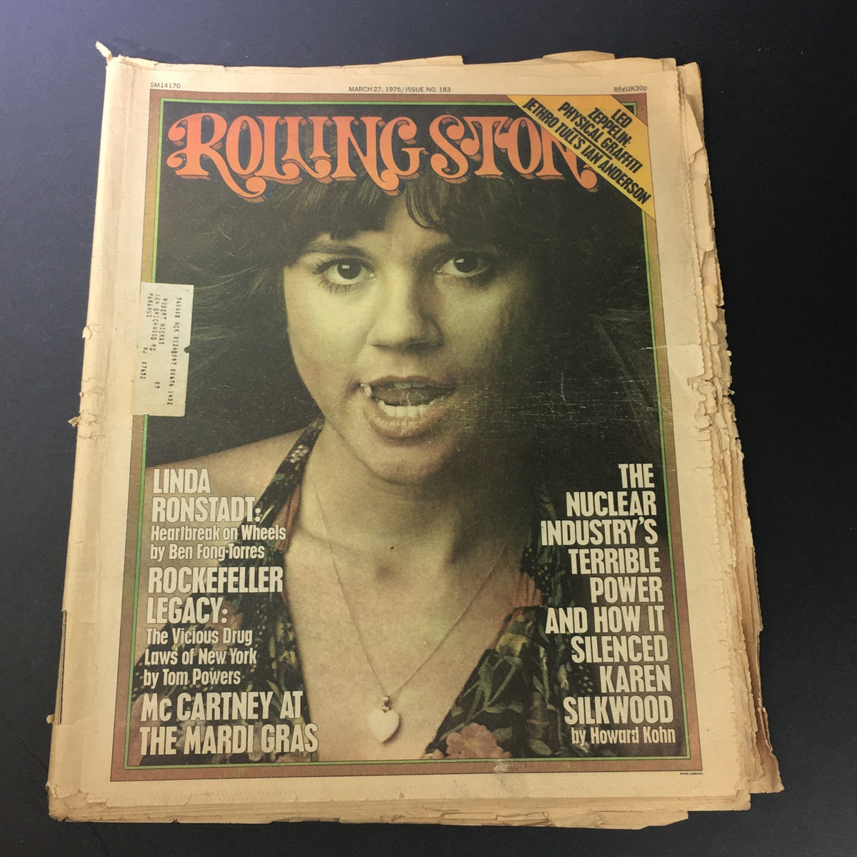 Cover of Vintage Rolling Stone Magazine from March 27, 1975 featuring Linda Ronstadt and Paul McCartney, showcasing vibrant retro design.