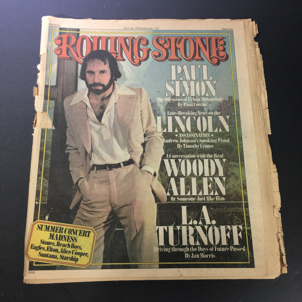 Vintage July 1, 1975 Rolling Stone magazine cover featuring Paul Simon and Woody Allen, showcasing significant cultural moments of the 1970s with a unique vintage appeal.