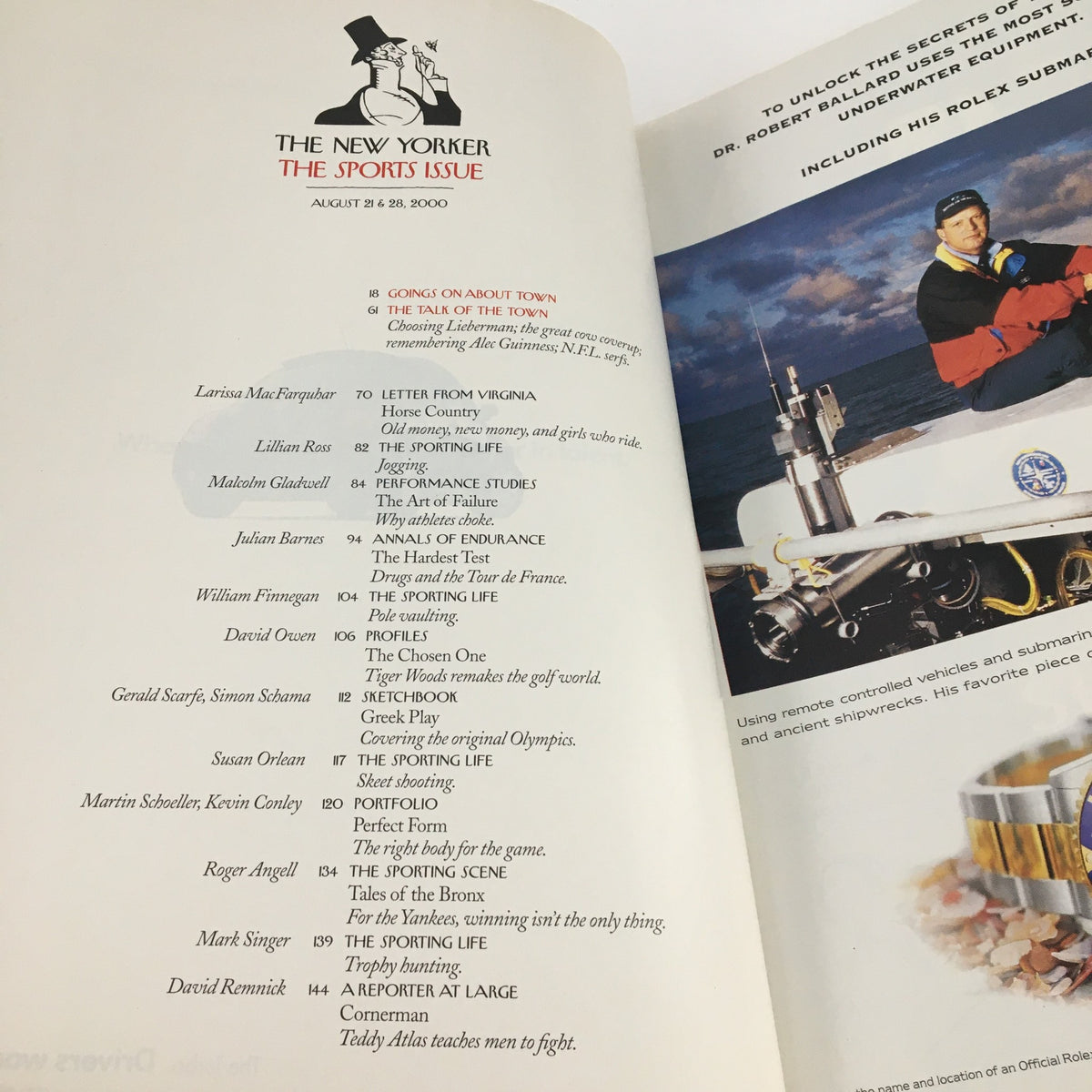 Interior page of The New Yorker August 21, 2000 displaying the table of contents and articles, with the magazine's header prominently featured.