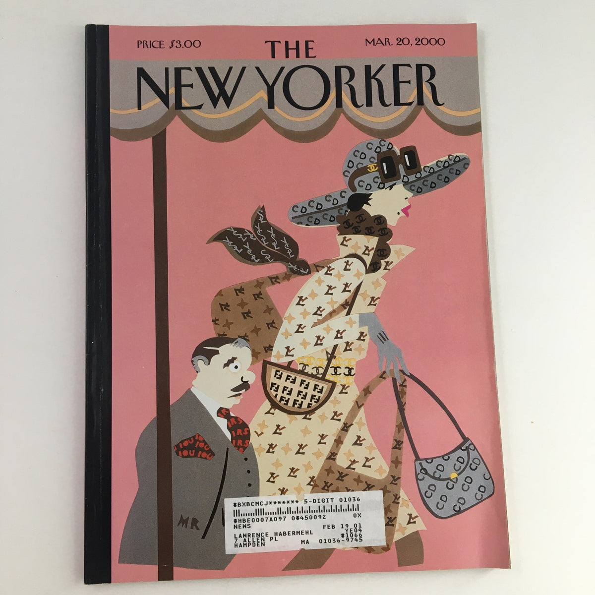 Cover art of The New Yorker March 20, 2000 featuring illustrations by Michael Roberts, showcasing a stylish woman in fashionable attire and a man in a suit against a pink background.
