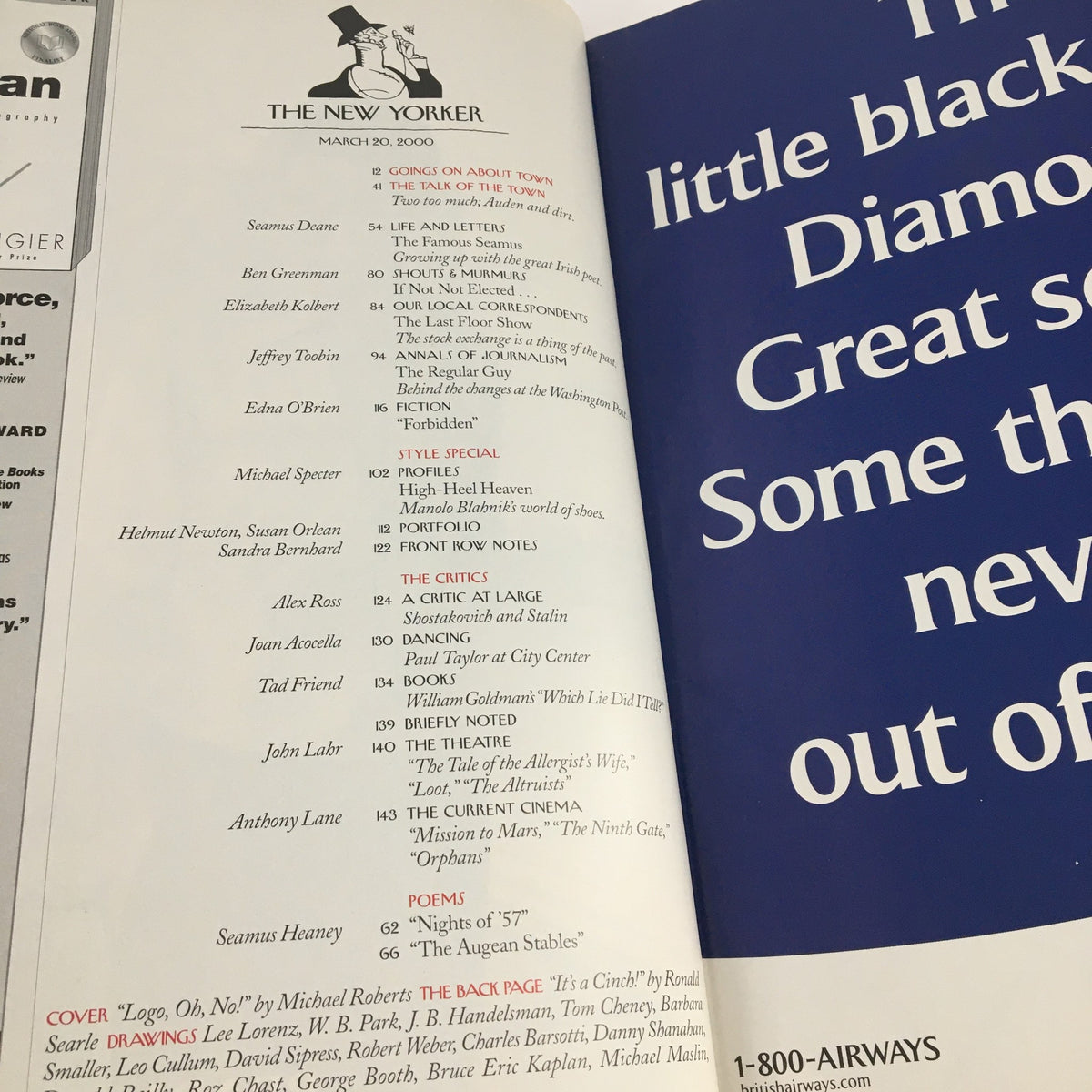 Table of contents page from The New Yorker March 20, 2000, highlighting featured writers and articles from the issue.