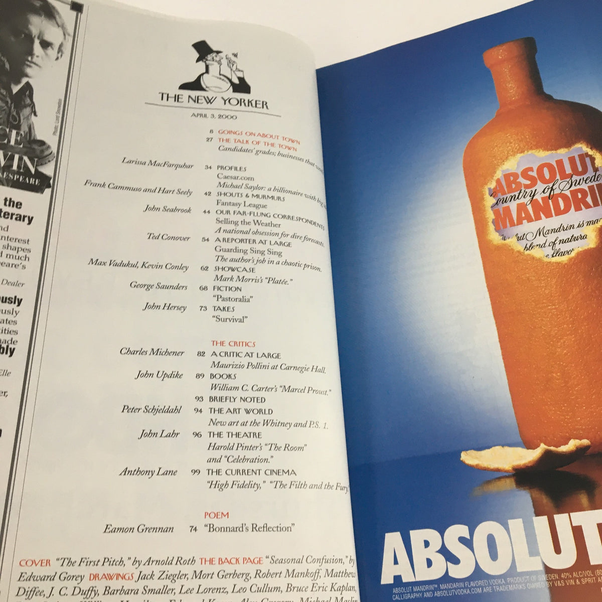 Interior page of The New Yorker April 3 2000 showcasing magazine contents, including an advertisement for Absolut Mandrin on the right.