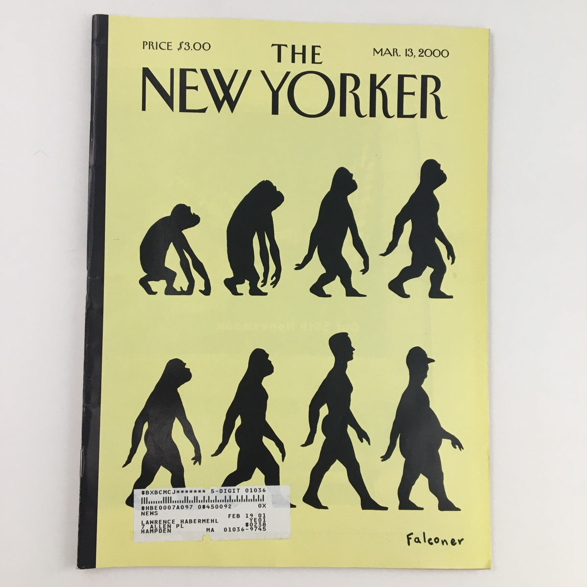 The New Yorker March 13 2000 magazine cover featuring cover art by Ian Falconer, depicting the evolution of man with silhouettes against a yellow background.