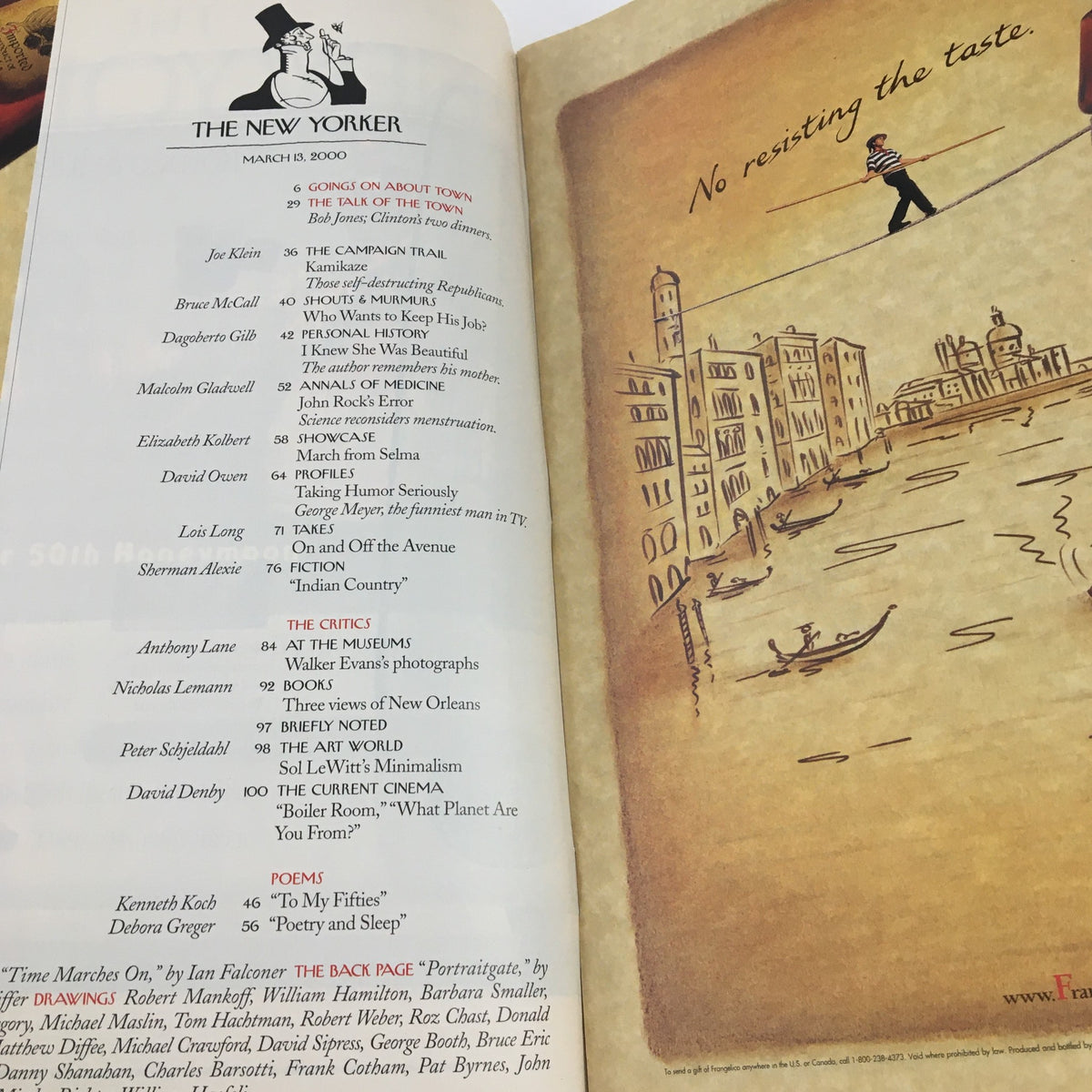 Interior page of The New Yorker March 13 2000 magazine showcasing the table of contents, highlighting featured articles and contributors.