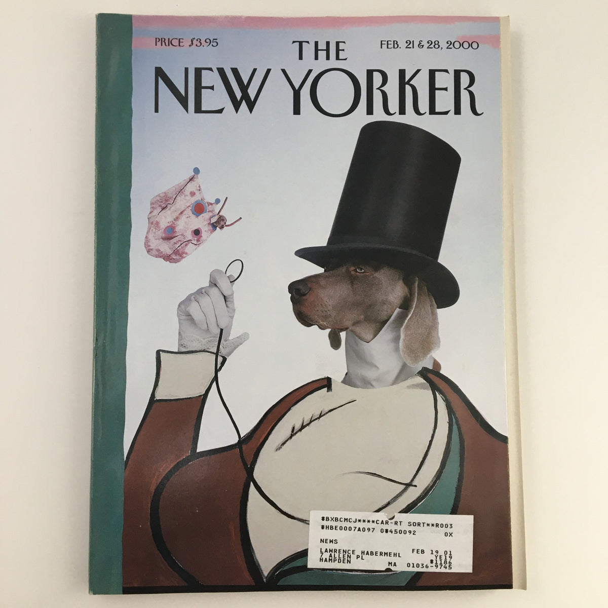 The cover art of The New Yorker, February 21, 2000, featuring a whimsical illustration by William Wegman, depicting a dog dressed elegantly with a top hat, highlighting its unique artistry and vintage appeal.