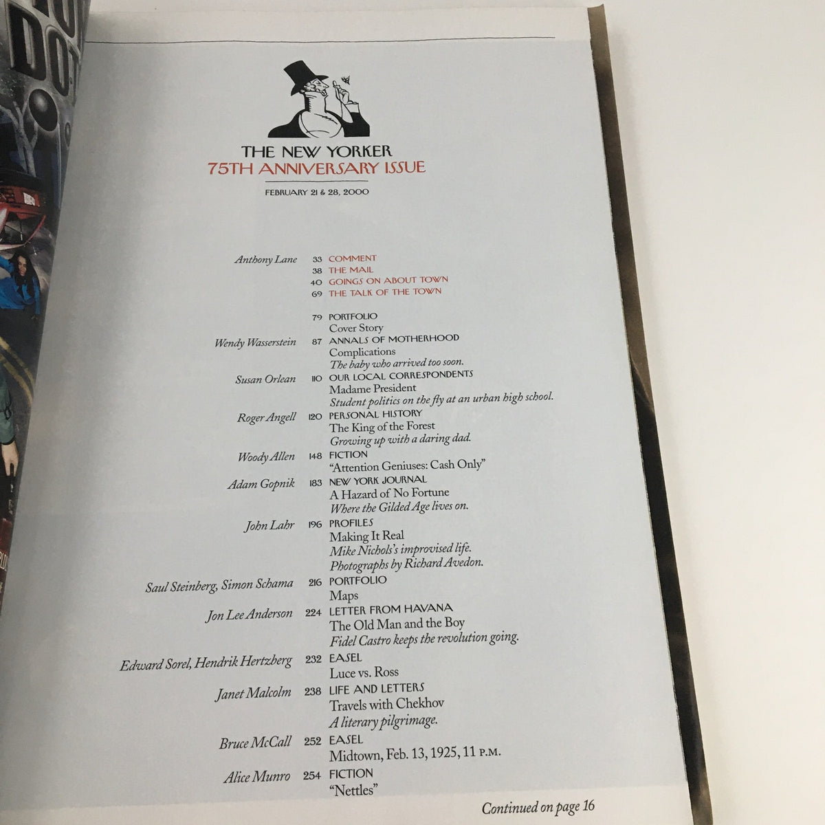 Interior page of The New Yorker, February 21, 2000, showcasing content from the 75th Anniversary Issue including authors and articles, representing the magazine's depth in cultural commentary and literature.