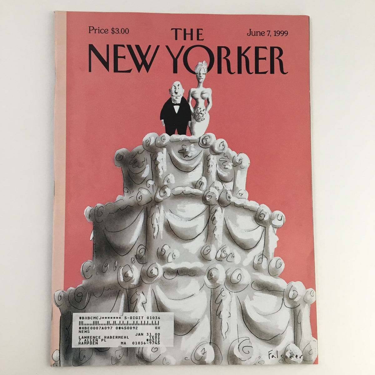 Cover of The New Yorker June 2 1999 featuring whimsical wedding cake illustration by Ian Falconer, showcasing a couple on top, a perfect collectible for art and magazine enthusiasts.