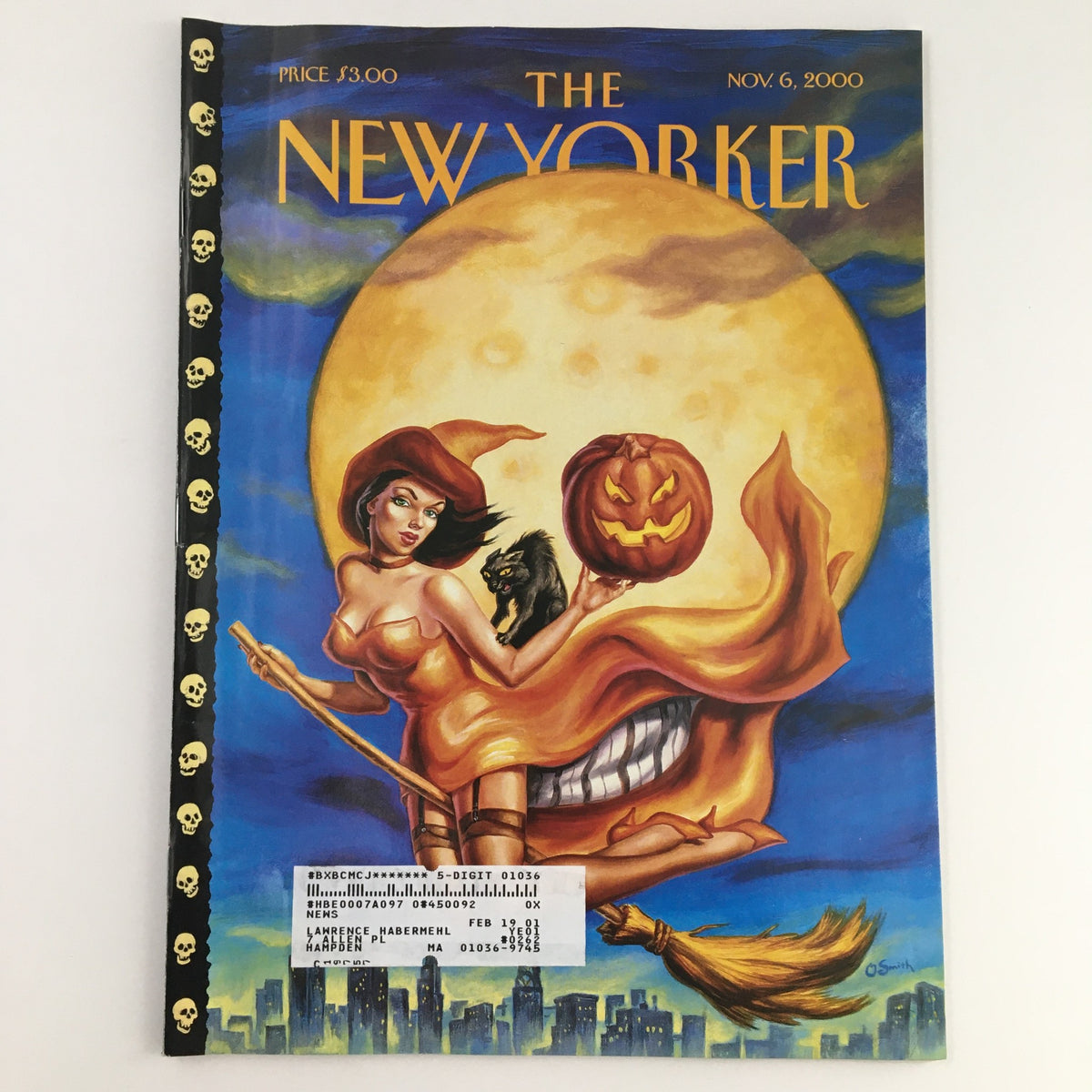 Cover of The New Yorker November 6, 2000, featuring Halloween-themed artwork by Owen Smith, depicting a witch with a pumpkin against a full moon backdrop.