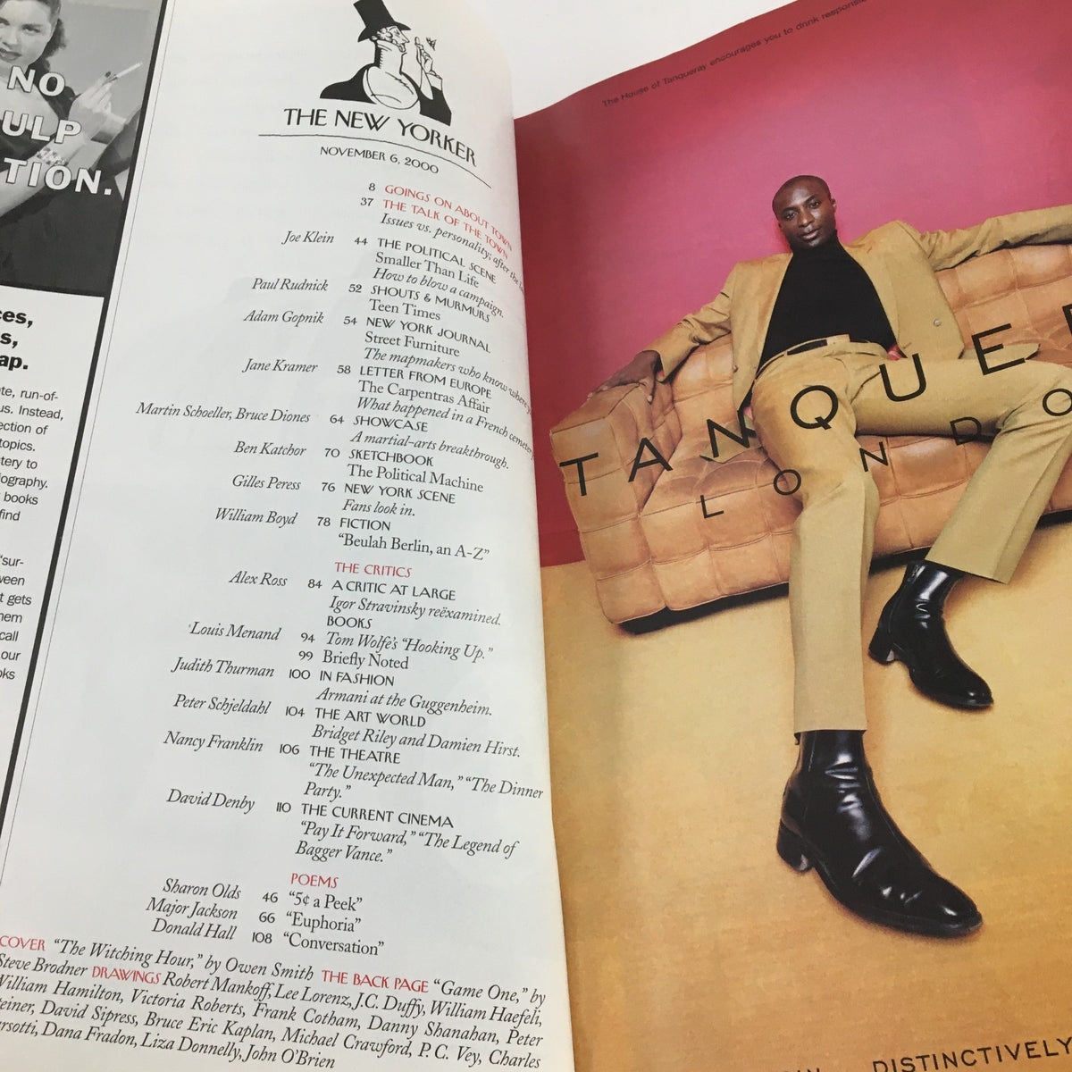 Interior page from The New Yorker November 6, 2000, showcasing articles and content including "Tanqueray London" with a stylish model in a tan suit.