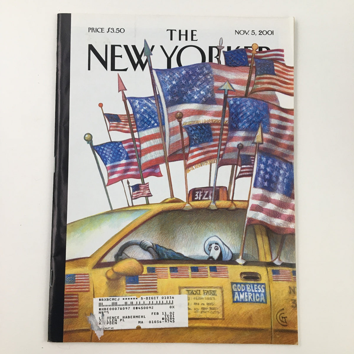 The New Yorker November 5, 2001 magazine cover featuring unique cover art by Carter Goodrich, showcasing a taxi with American flags.