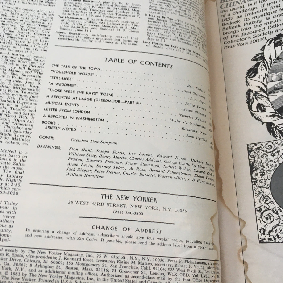 Table of contents page from The New Yorker Magazine June 8 1981, highlighting articles and illustrations, with the cover credited to Gretchen Dow Simpson.