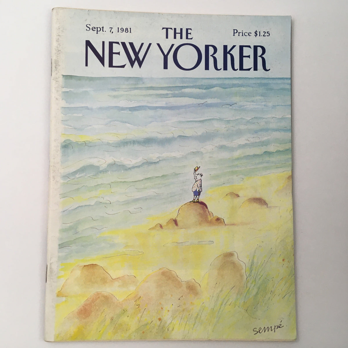 Vintage cover of The New Yorker Magazine from September 7, 1981, featuring whimsical artwork by J. J. Sempé, depicting a figure on a rock overlooking the ocean waves.