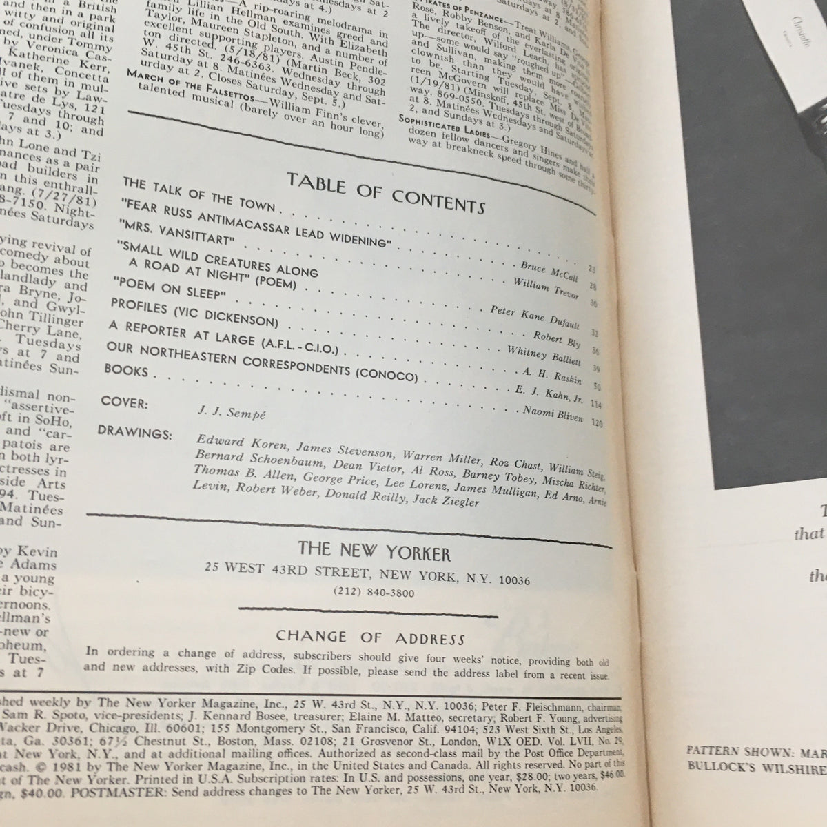 Interior page of The New Yorker Magazine September 7 1981 featuring the table of contents and information about the cover art by J. J. Sempé.