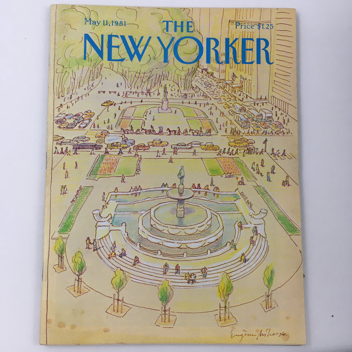 Cover of The New Yorker Magazine from May 11, 1981 featuring theme art by Eugene Mihaesco, depicting a vibrant scene with a fountain surrounded by pedestrians in a city park setting.
