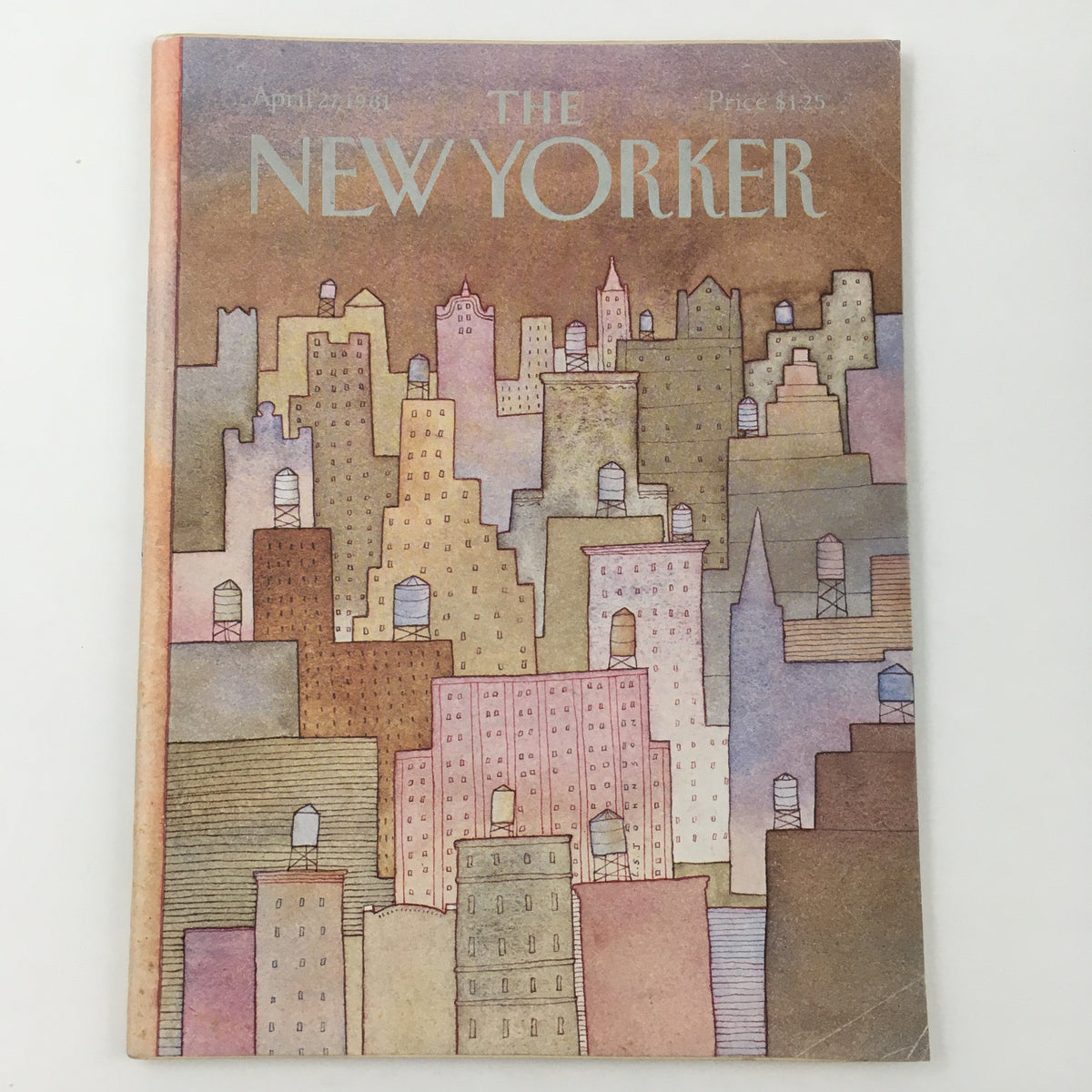The New Yorker Full Magazine April 27 1981 featuring a theme art cover by Lonni Sue Johnson, showcasing a colorful city skyline illustration.