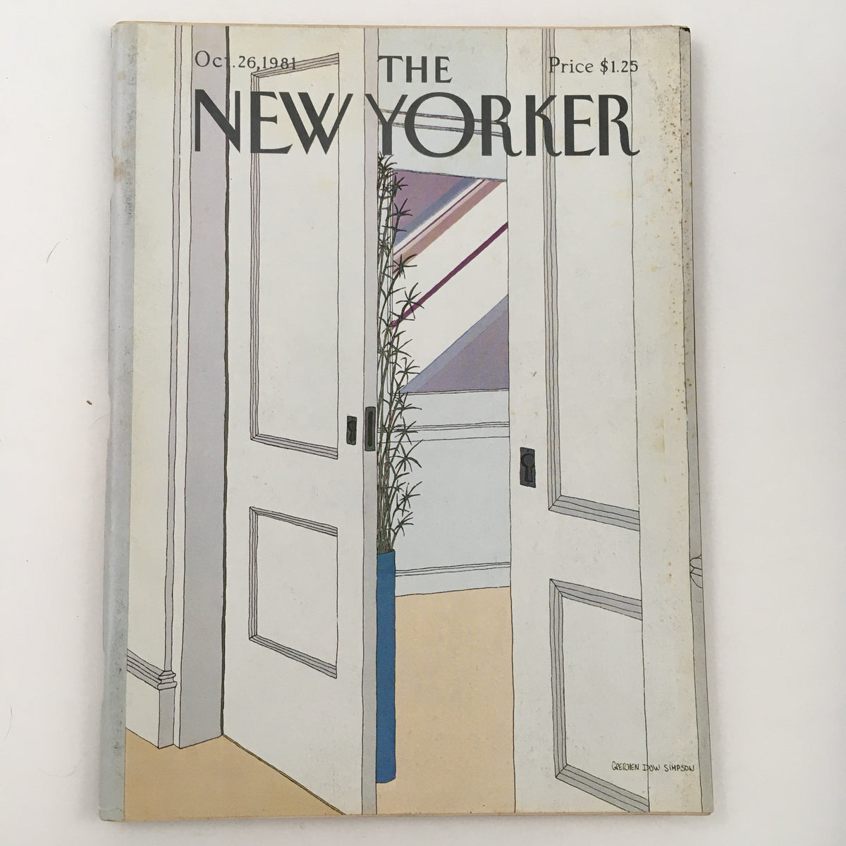 The New Yorker Magazine October 26 1981 cover featuring a minimalist illustration by Gretchen Dow Simpson showing an open door with plants in a vase.