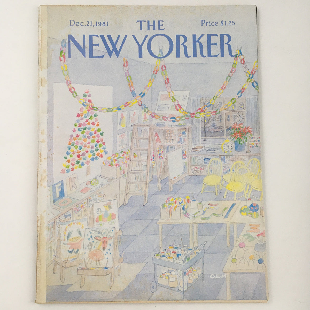 The New Yorker Magazine Cover from December 21, 1981 featuring theme art by Charles Martin, depicting a colorful holiday scene with a decorated Christmas tree and an art studio.