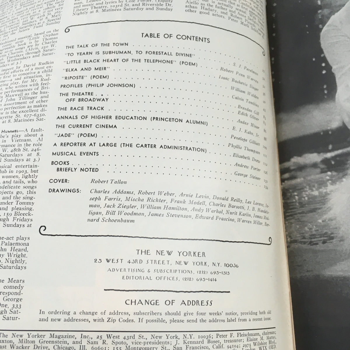 Table of contents page from The New Yorker Magazine May 23, 1977. This page lists articles and features including poetry and profiles, with cover art credited to Robert Tallon, reflecting the magazine's rich literary heritage.