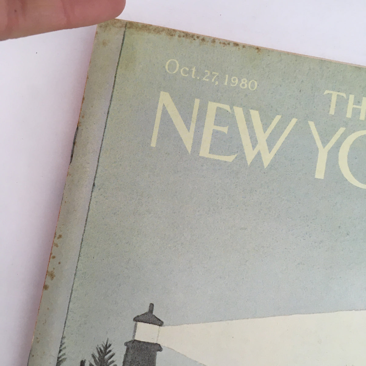 Close-up view of the top corner of The New Yorker Magazine October 27, 1980, highlighting the date and cover illustration from Charles E. Martin.