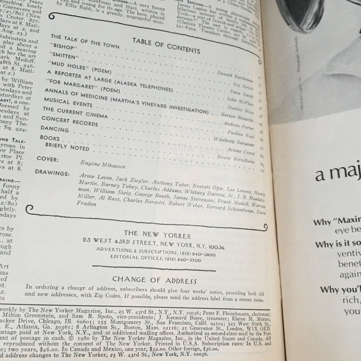 Inside page of The New Yorker Magazine August 4 1980 displaying the table of contents and details about the featured cover art by Eugene Mihaesco.