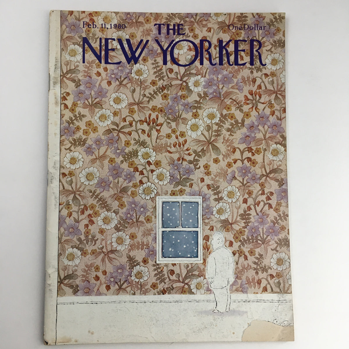 Cover of The New Yorker Magazine February 11 1980 featuring artistic floral background and a figure standing by a window, showcasing the theme art cover by Michael Witte.