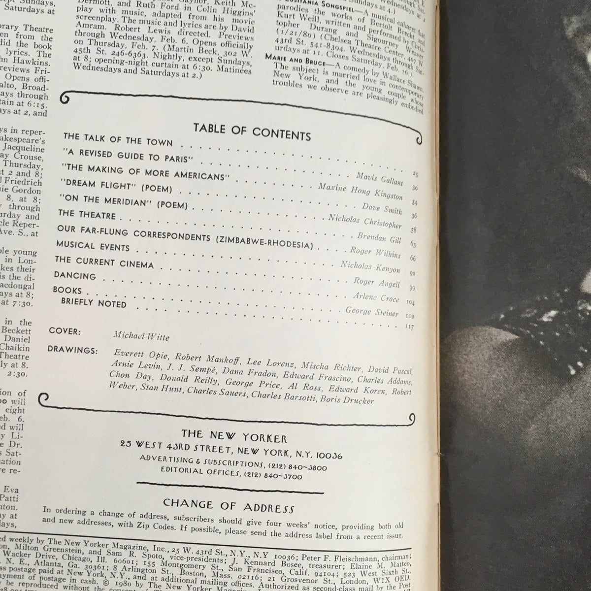 Inside page of The New Yorker Magazine February 11 1980 displaying the table of contents, featuring contributions and highlights from the issue's articles.