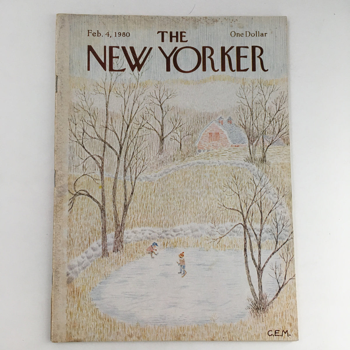 The New Yorker Magazine February 4 1980 cover featuring a winter scene with two children skating on a frozen pond, surrounded by barren trees and a farmhouse in the background, art by Charles Martin.