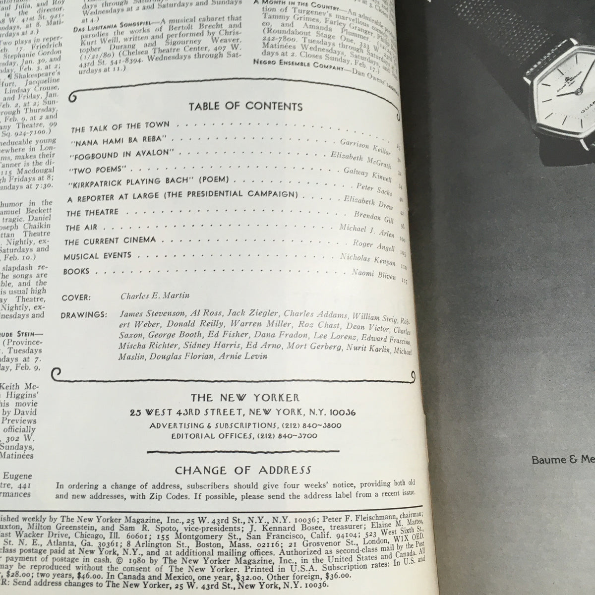 Inside page of The New Yorker Magazine February 4, 1980 featuring the table of contents, articles, and contributors, showcasing the magazine's vintage charm and notable journalism.
