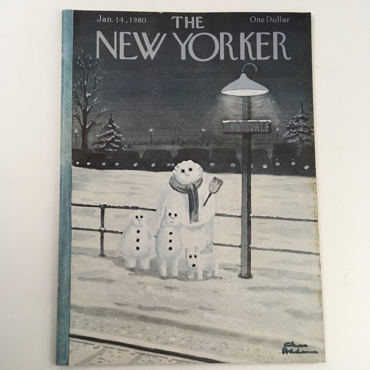 Cover of The New Yorker Magazine, January 14, 1980, featuring a theme art illustration by Charles Adams depicting whimsical snowman figures in a winter landscape.