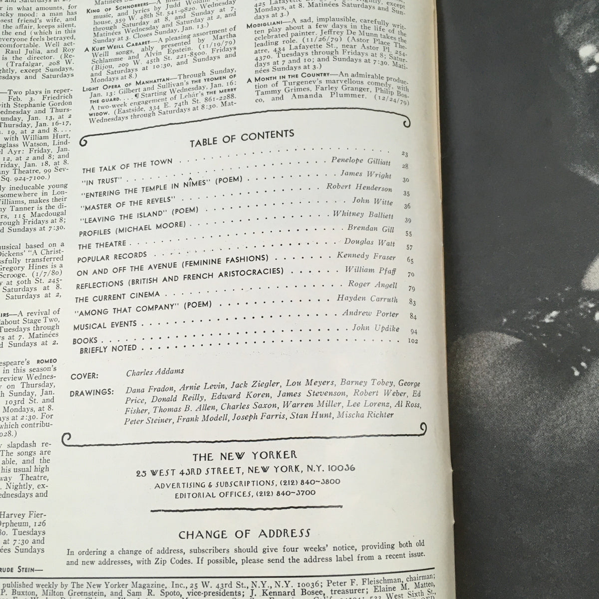 Inside spread of The New Yorker Magazine, January 14, 1980, displaying the table of contents and editorial details, showcasing the magazine's classic layout.