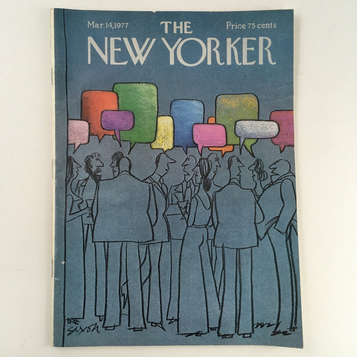 The New Yorker Magazine March 14 1977 theme art cover by Charles Saxon, featuring vibrant speech bubbles and figures in a social setting.