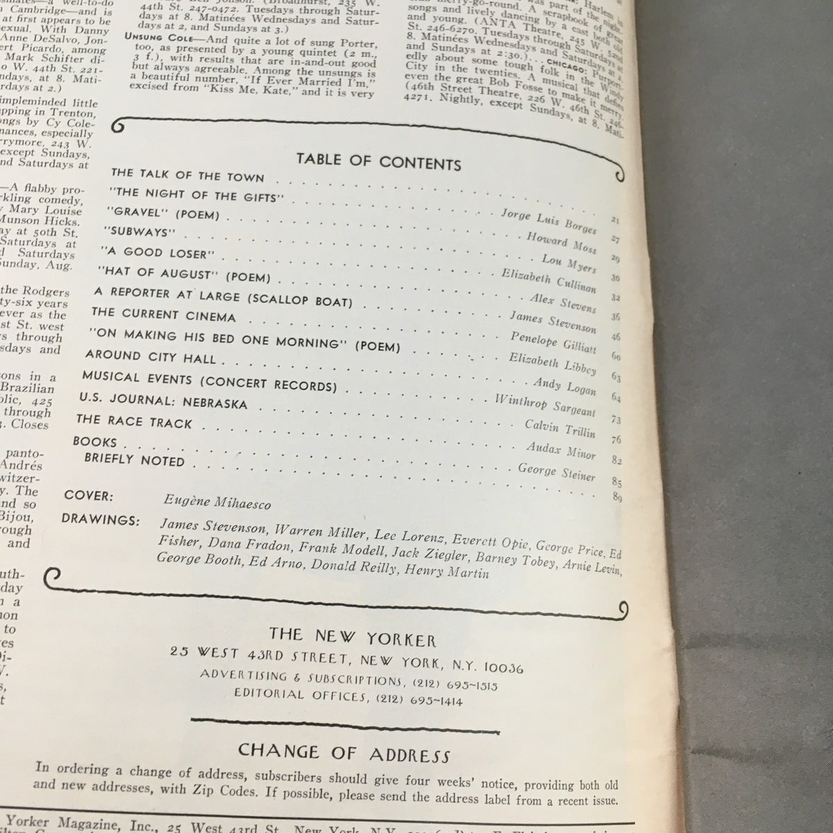 Inside page of The New Yorker Magazine August 15 1977 showing the table of contents and details of articles featured in this vintage issue.