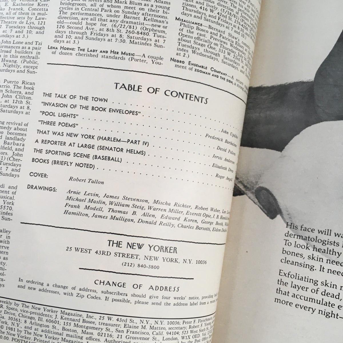 Table of contents from The New Yorker Magazine July 20, 1981 featuring cover art by Robert Tallon, showcasing various articles and drawings inside the vintage edition.