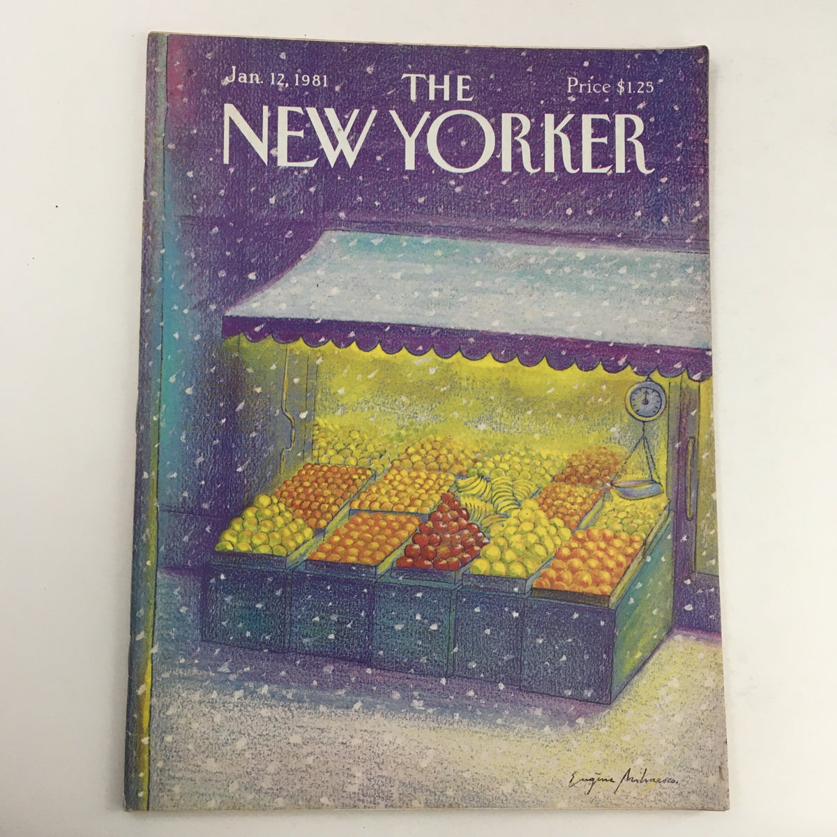 Cover of The New Yorker Magazine January 12, 1981 showcasing a snowy scene with a fruit stand, featuring vibrant colors and artwork by Eugene Mihaesco.