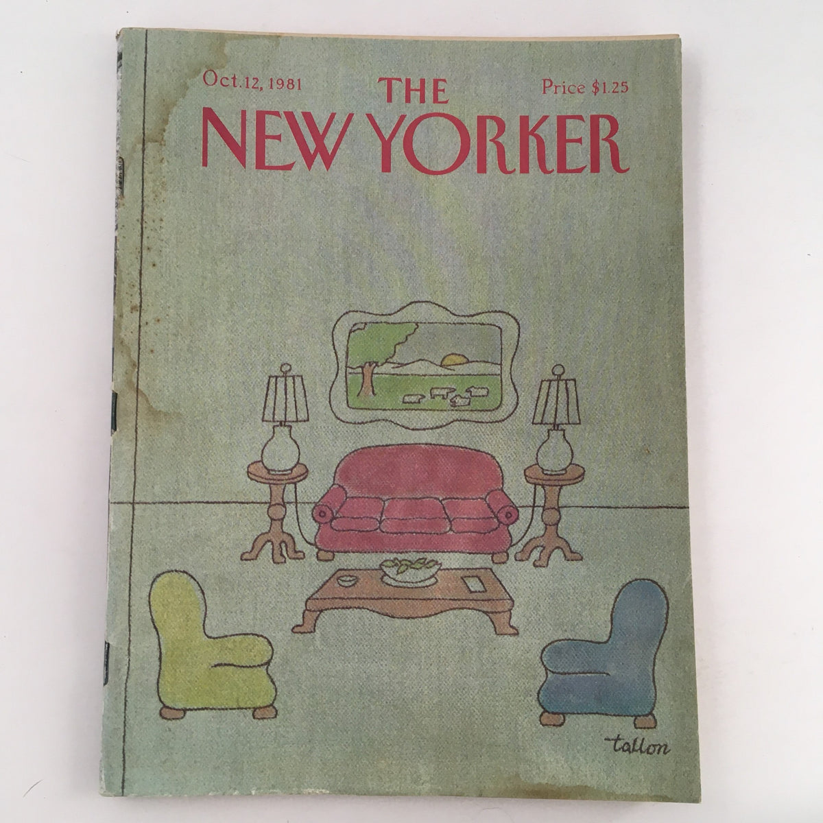 The New Yorker Full Magazine October 12 1981 cover featuring an artistic representation of a living room, designed by Robert Tallon, showcasing vintage furniture and decor.