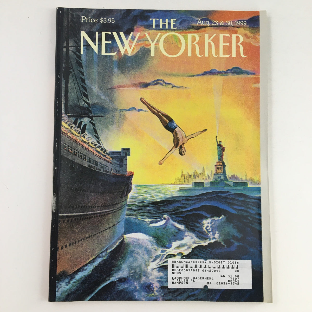 Cover art of The New Yorker August 23 1999, featuring a swimmer diving into the ocean with the Statue of Liberty in the background, illustrated by Winston Smith.
