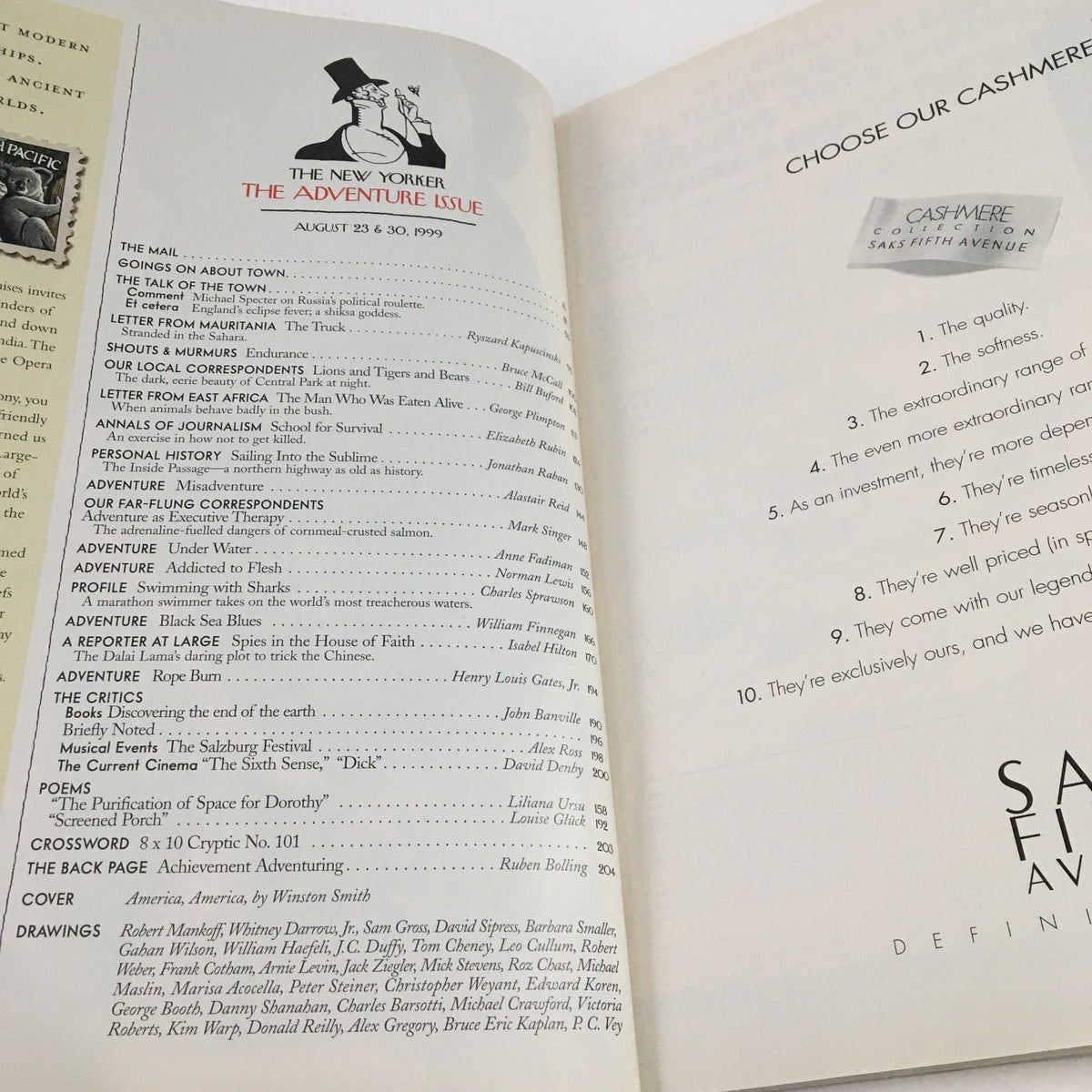 Interior page from The New Yorker August 23 1999, displaying the table of contents for 'The Adventure Issue', showcasing various articles and illustrations.