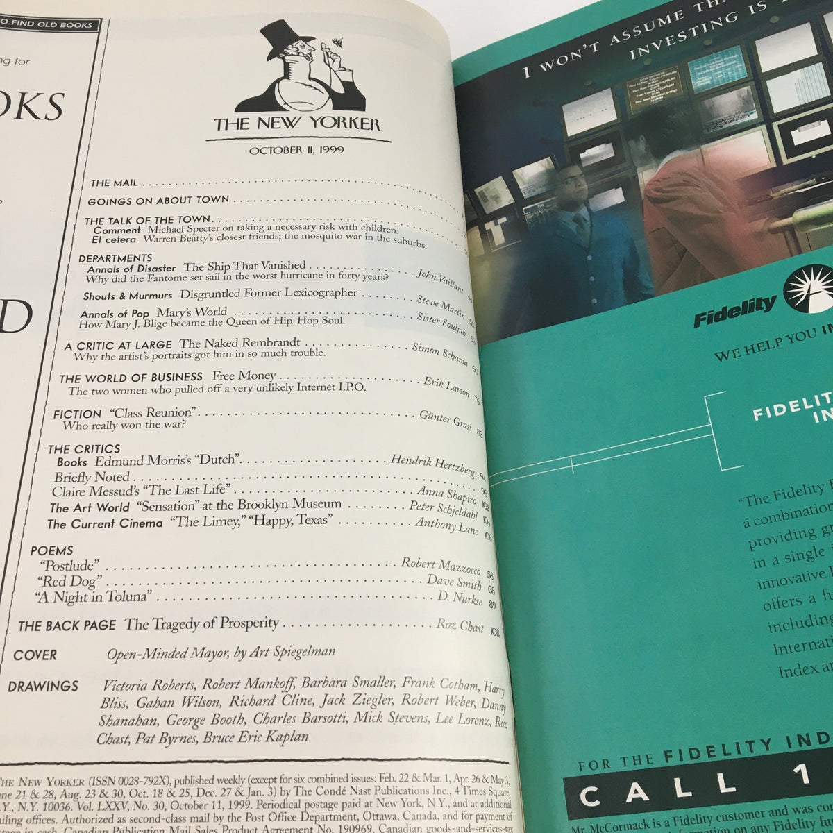 Inside page of The New Yorker Magazine October 11 1999, highlighting various articles and content, including the Table of Contents.