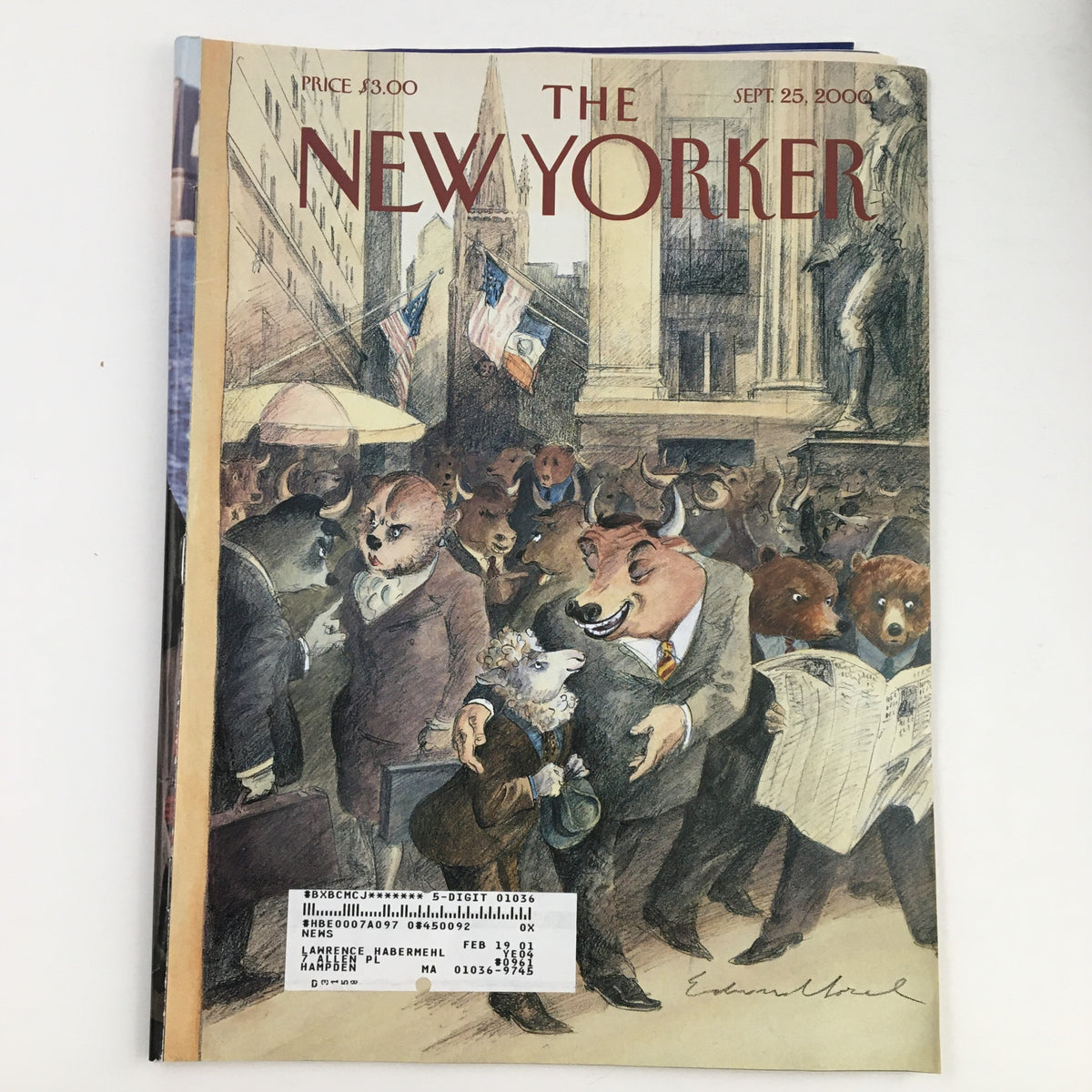 Cover of The New Yorker Magazine dated September 25, 2000, featuring artistic illustration by Edward Sorel depicting animal characters in a city setting.