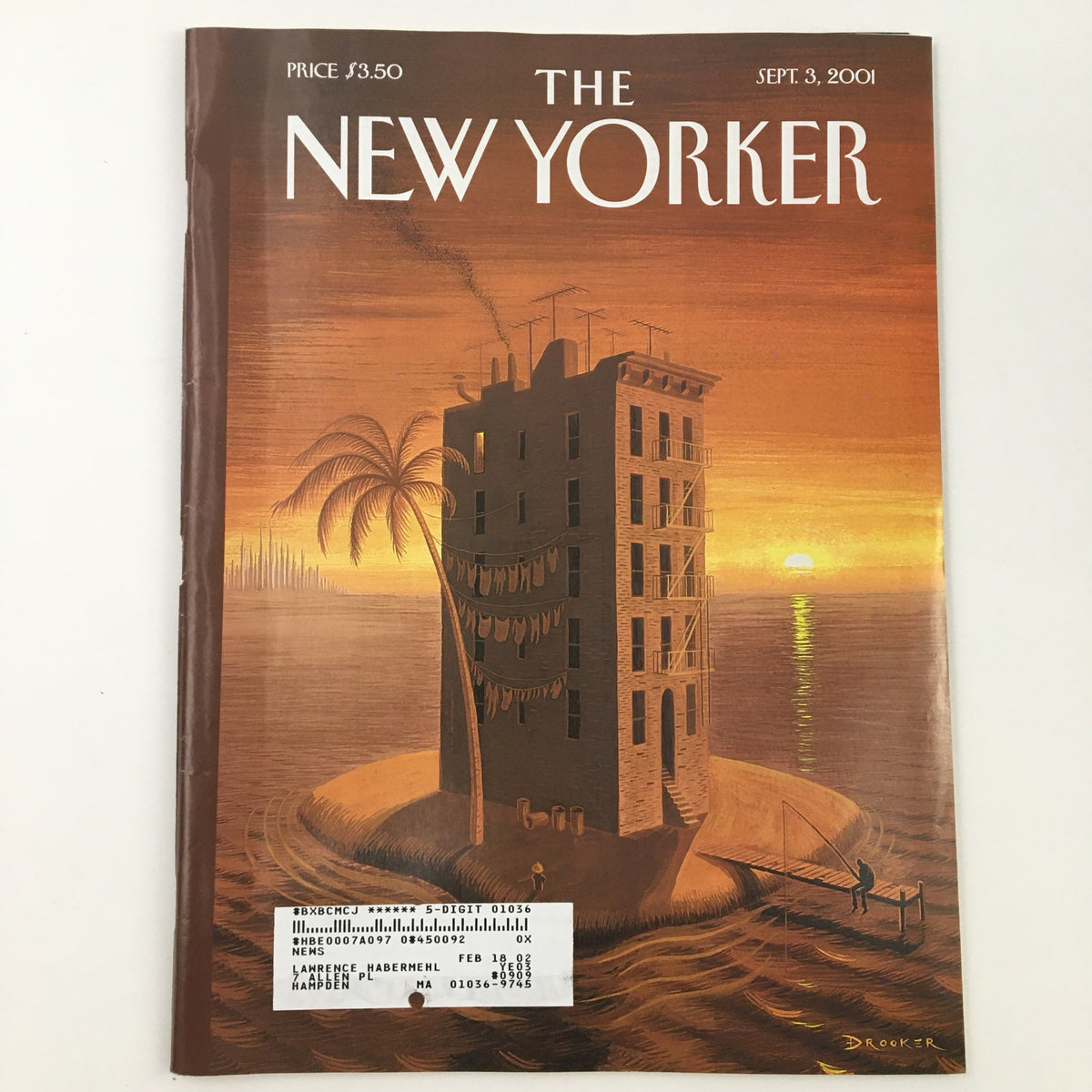 The New Yorker September 3 2001 Full Magazine featuring cover art by Eric Drooker, depicting a sunset scene with a unique building and palm trees, symbolizing the thematic design of its time.