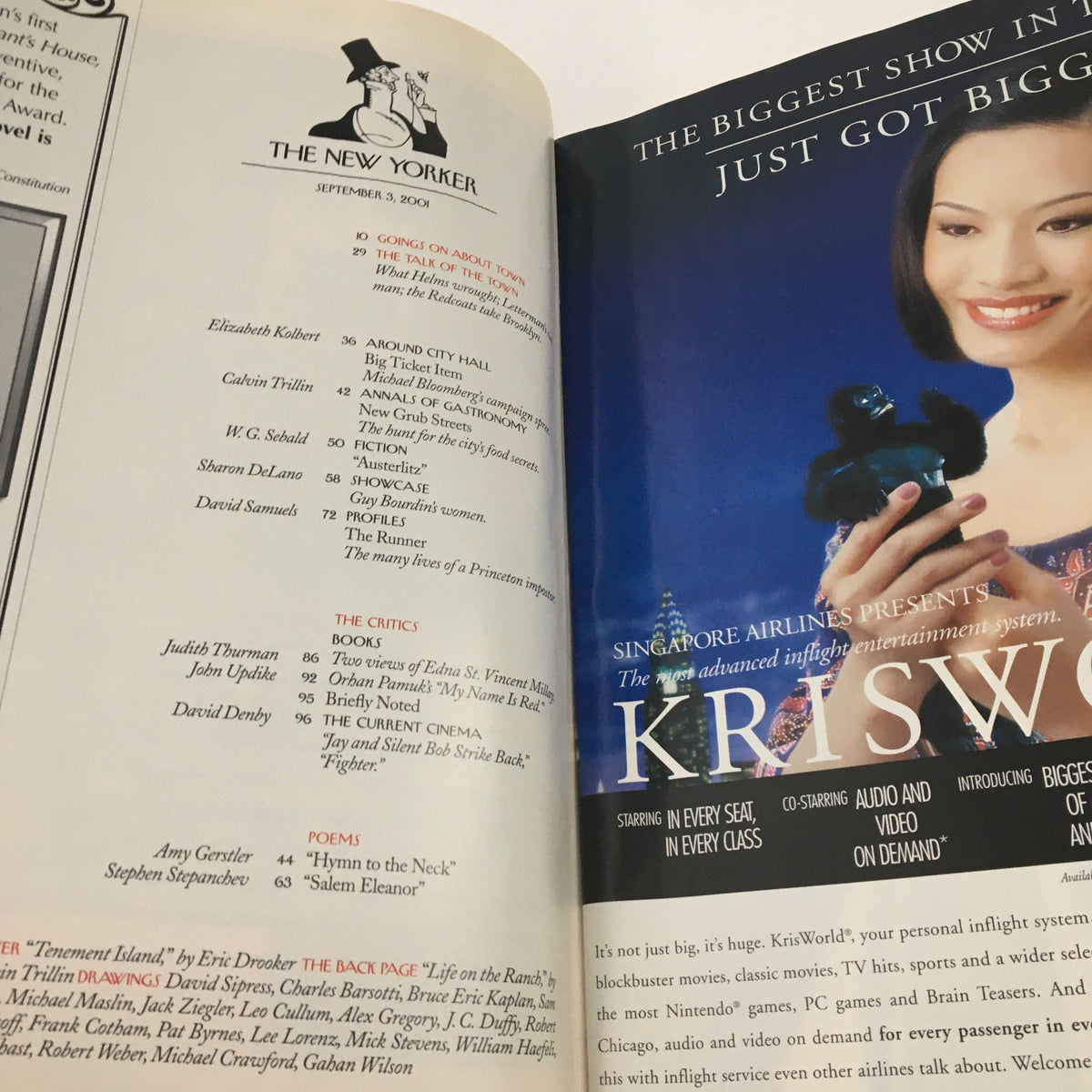 Inside page of The New Yorker magazine from September 3, 2001, featuring the contents list, including contributions from notable writers like Elizabeth Kolbert and Judith Thurman, alongside a poem by Amy Gerstler, capturing the essence of the magazine's literary and artistic culture.