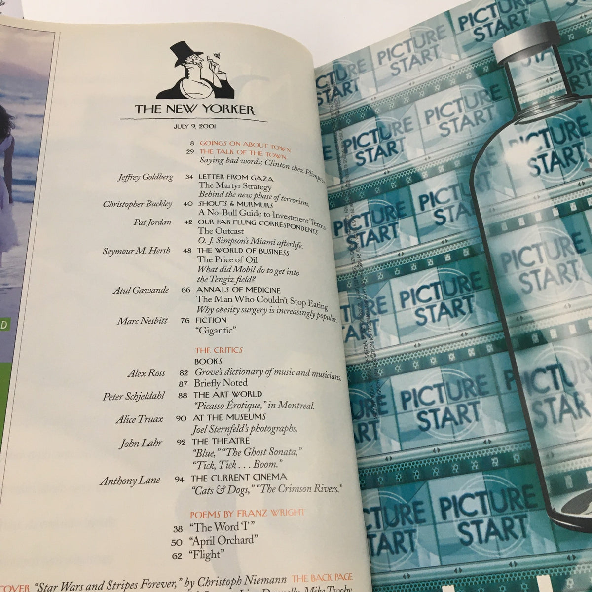 The New Yorker July 9 2001 Table of Contents page displaying article titles and illustrations, highlighting the magazine's editorial layout and design.