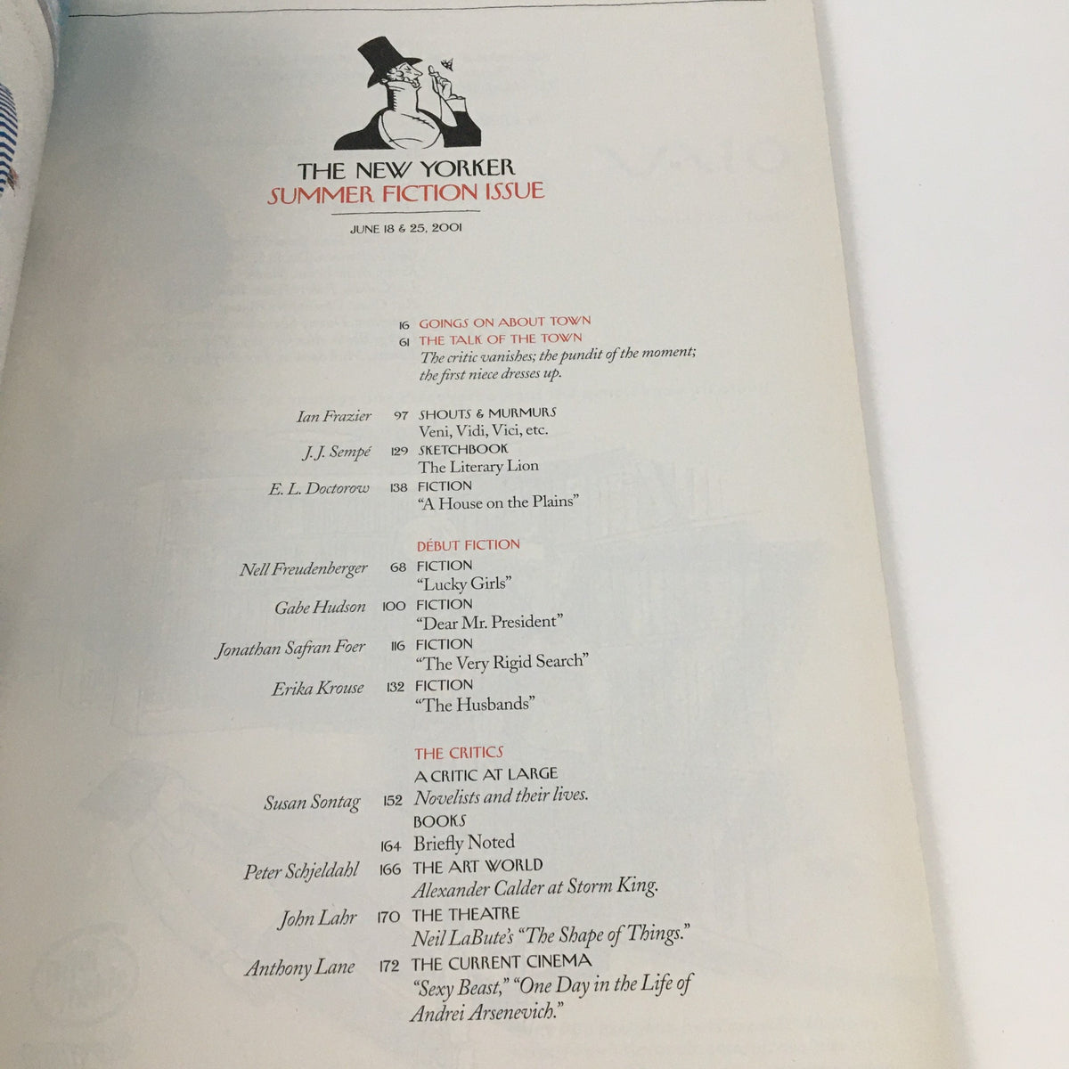Interior page of The New Yorker June 18 2001 magazine displaying the Summer Fiction Issue contents page, including article titles and authors, reflecting the literary focus of the publication.