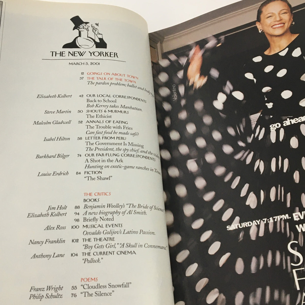 The inside page of The New Yorker March 5 2001 magazine displaying a table of contents with featured articles and contributors, including Elizabeth Kolbert and Anthony Franklin.