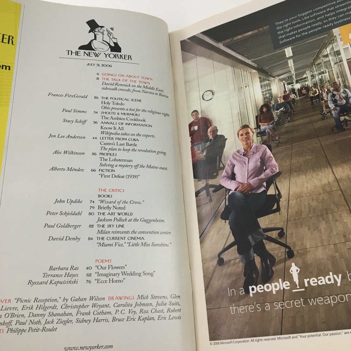 An interior page from The New Yorker July 31 2006 displaying a list of articles and features, showcasing the magazine's engaging content from that date.