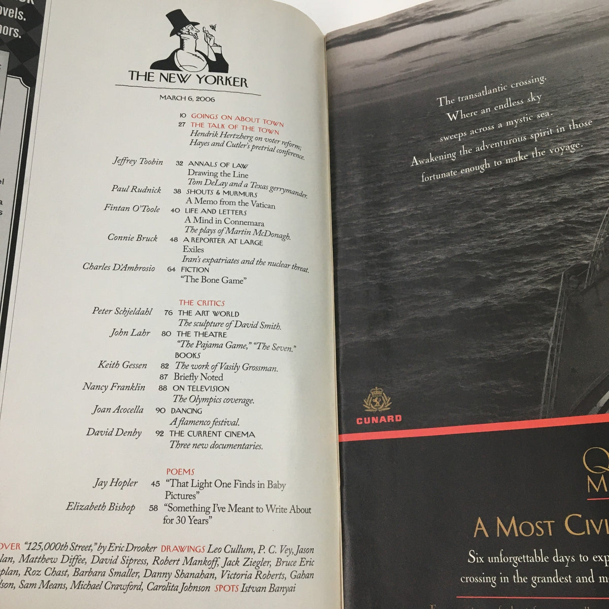 Interior page of The New Yorker March 6 2006, listing articles and contributors, including Jeffrey Toobin and Paul Raeburn, alongside classic magazine layout.